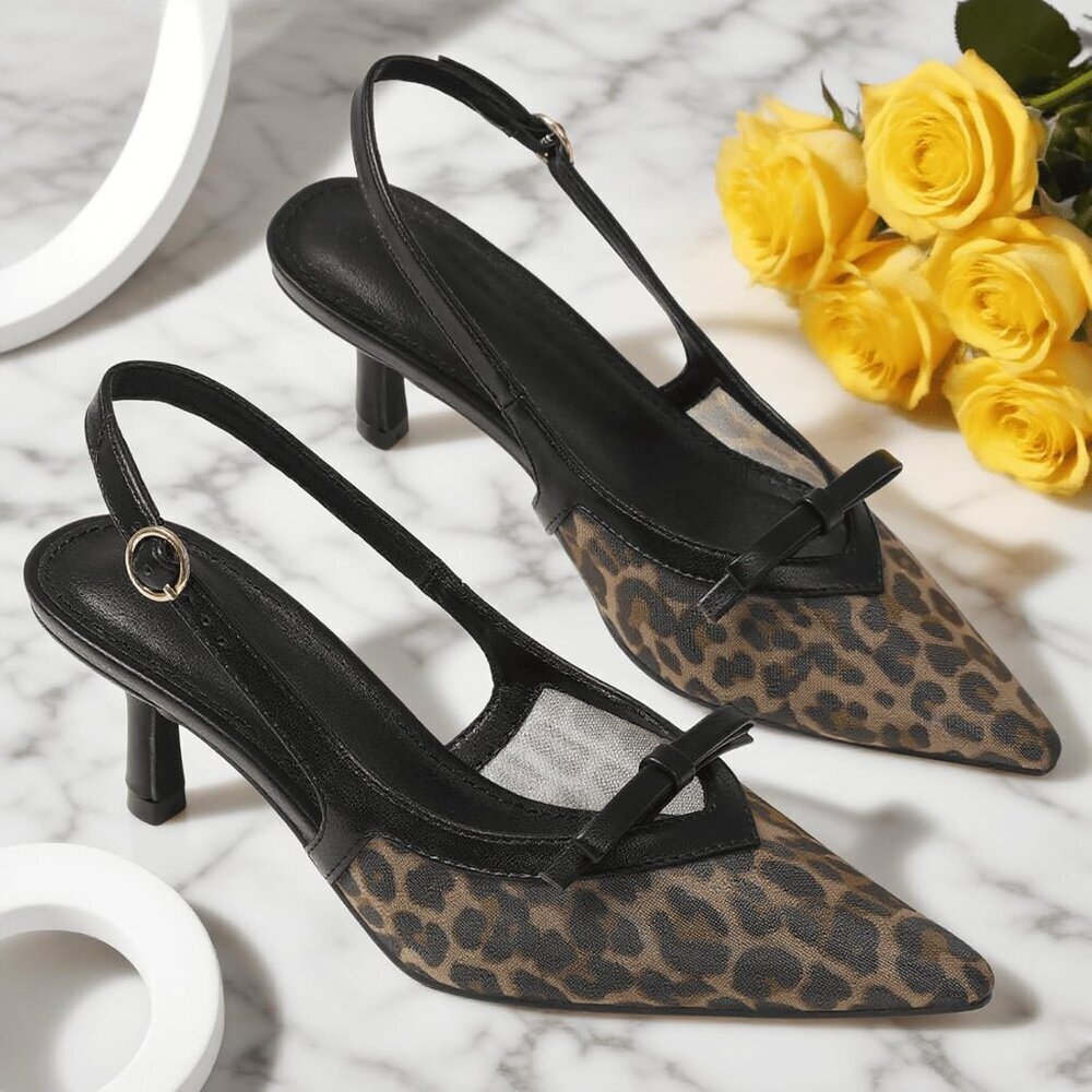 Women's Leopard Mesh Slingback Kitten Heels Bow Ankle Strap Pointed Toe Heel - Picture 6 of 6
